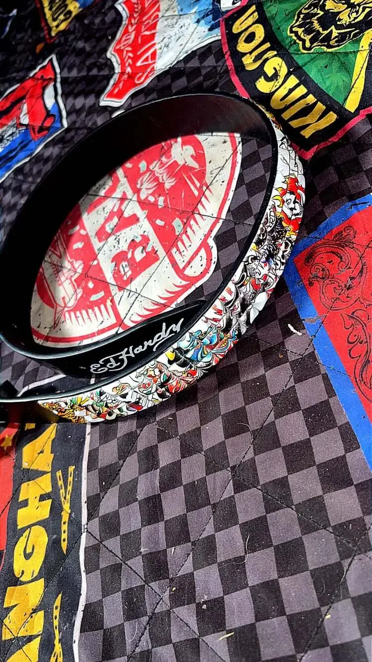 Ed Hardy Men's Tattoo Print Belt with Skull and Tiger Motif and Studded Accents